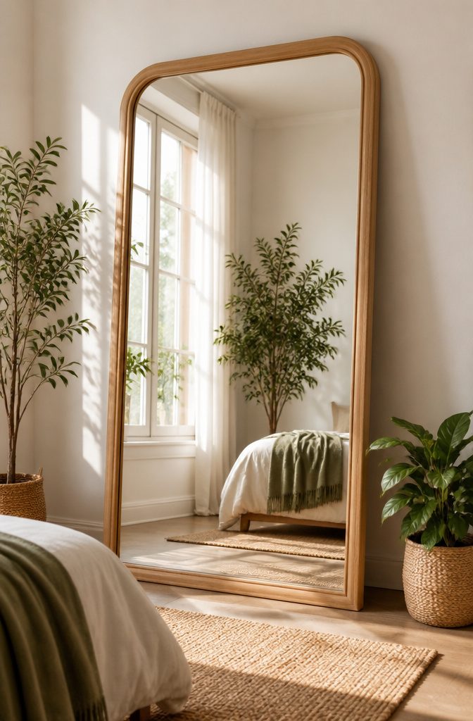 A large mirror leaning against a wall, enhancing natural light.