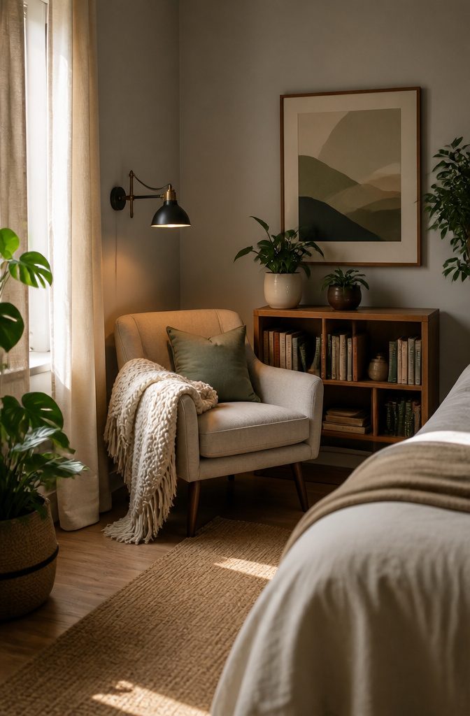 A plush reading chair with a wall-mounted lamp in a bedroom corner.