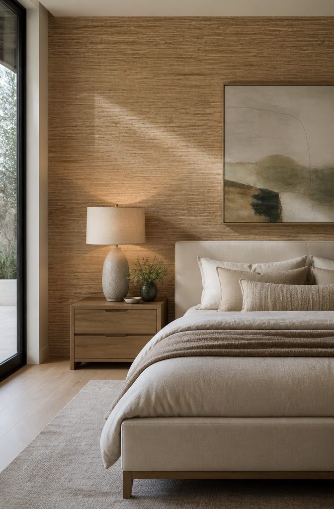 A richly textured grasscloth wall in a modern bedroom.