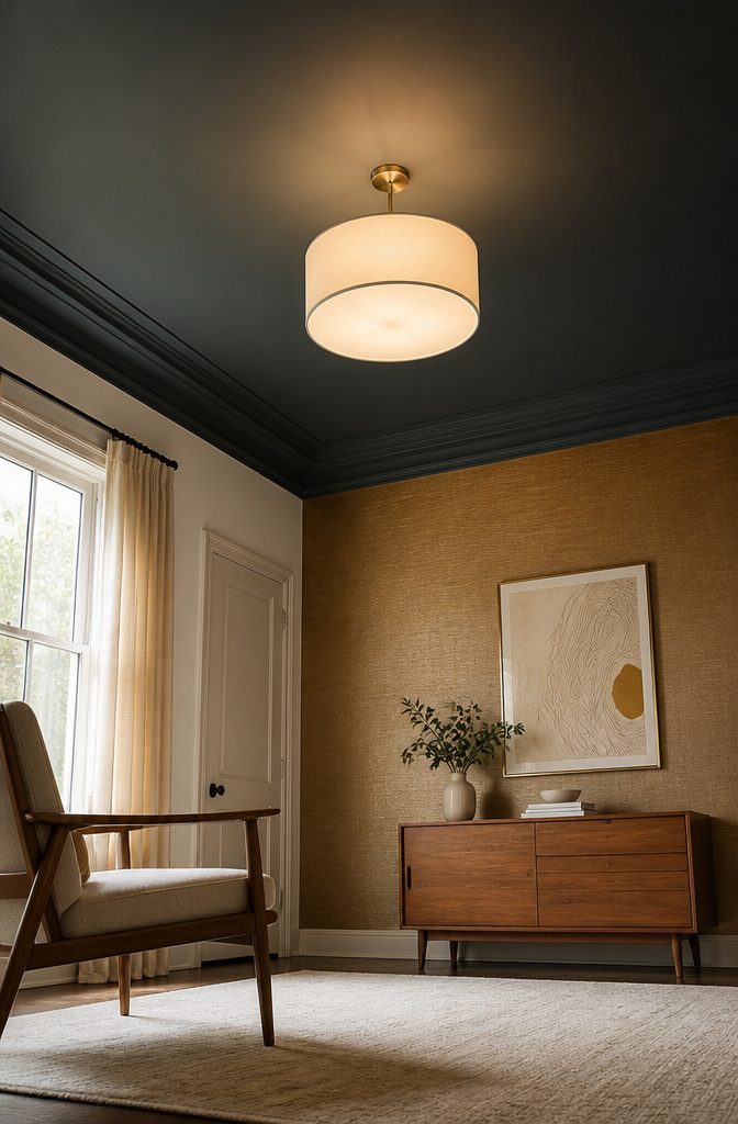 A ceiling painted in a darker shade, creating a cozy effect.