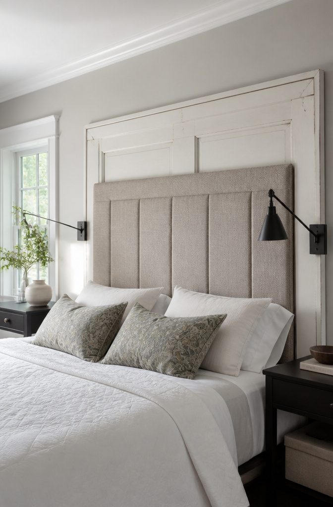 A large upholstered headboard reaching two-thirds up the wall.
