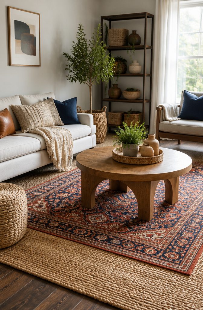 A living area featuring layered rugs and textured fabrics.