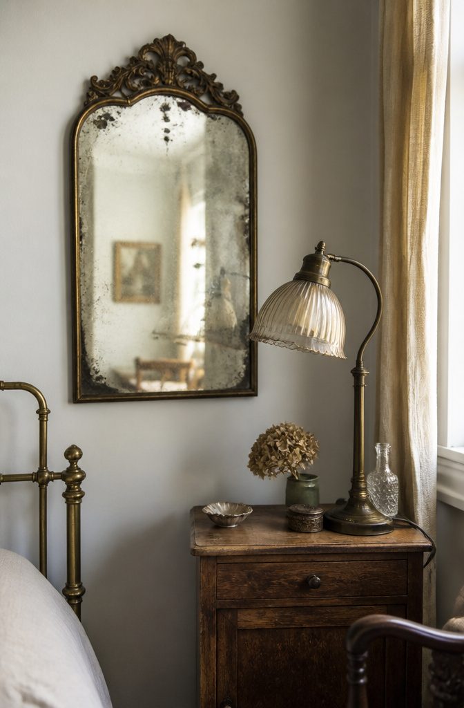 An antique mirror and a vintage desk lamp on a side table.