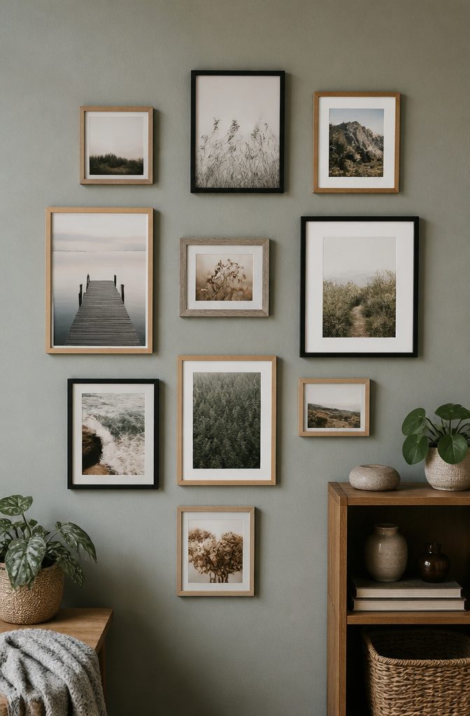 Arranged photographs on a wall with varying frame finishes.