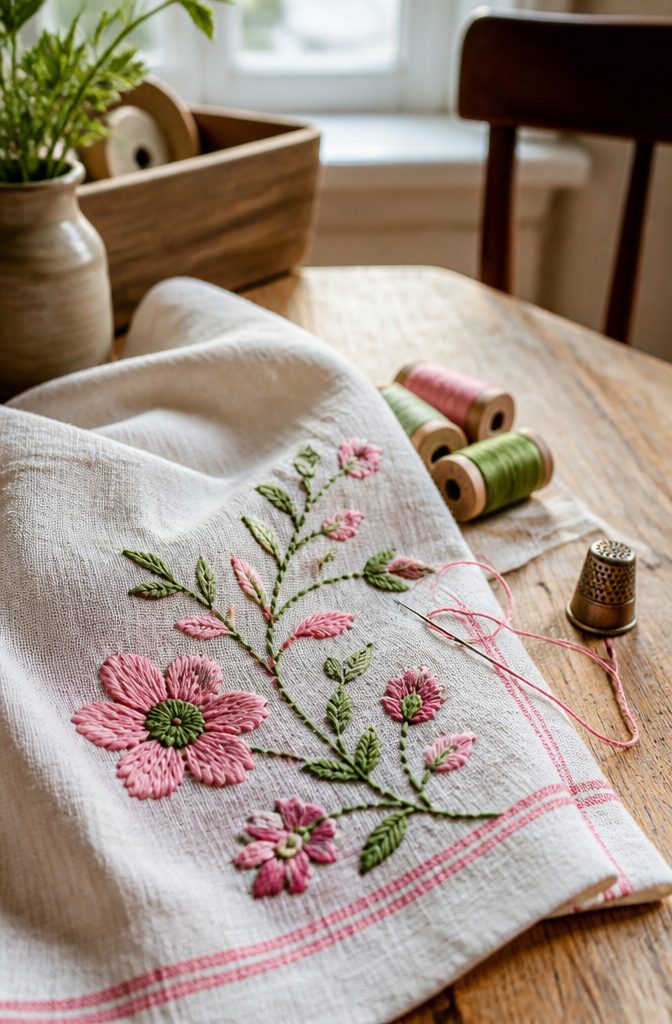 Close-up of hand-embroidered floral designs on a linen tea towel.