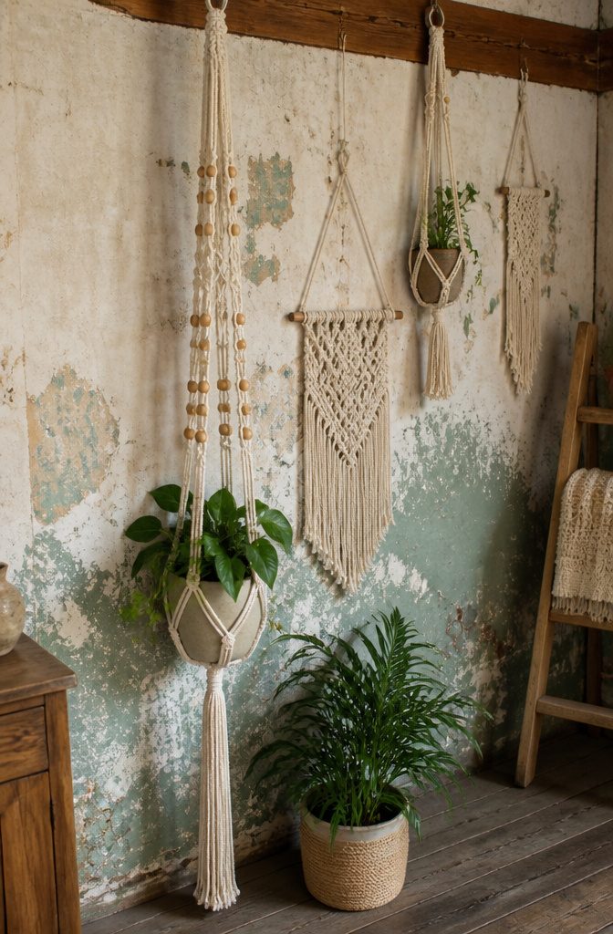 Completed macramé projects including a plant hanger and wall hangings.