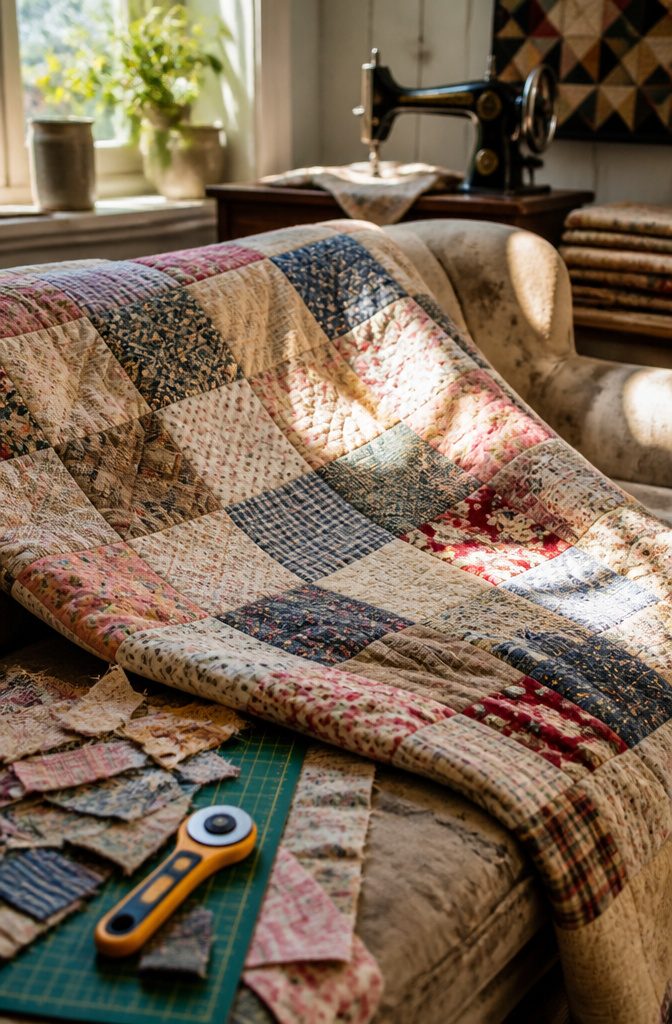 A patchwork quilt made from vintage fabric scraps.