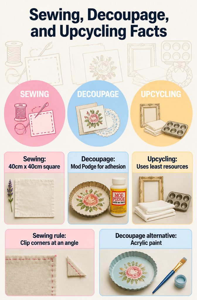 Sewing and decoupage materials displayed on a crafting table.