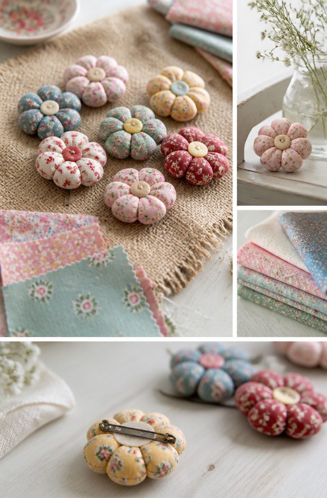 Vintage fabric flower pins displayed on a rustic surface.