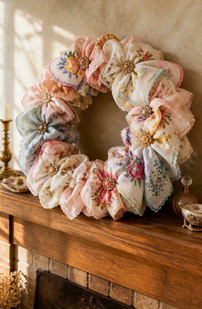 A wreath crafted from vintage handkerchiefs and decorative brooches.