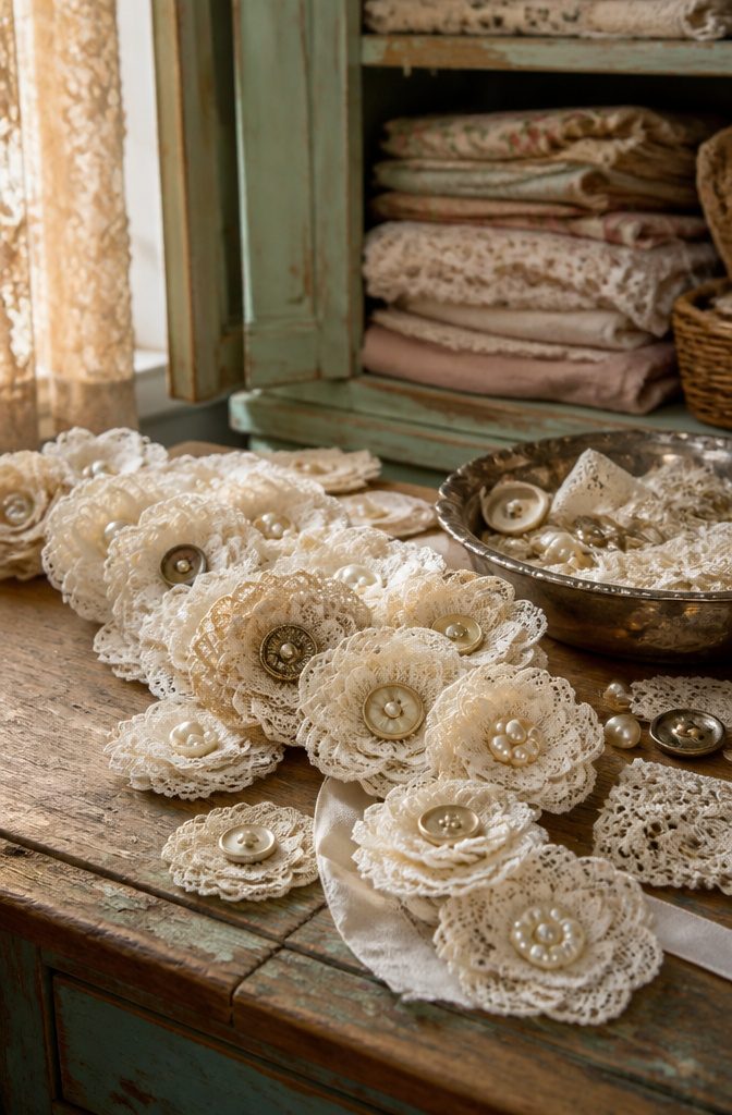 Crafted vintage lace flowers arranged on a wooden table.