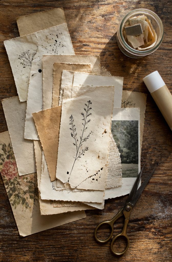 A collection of old book pages and paper craft materials.