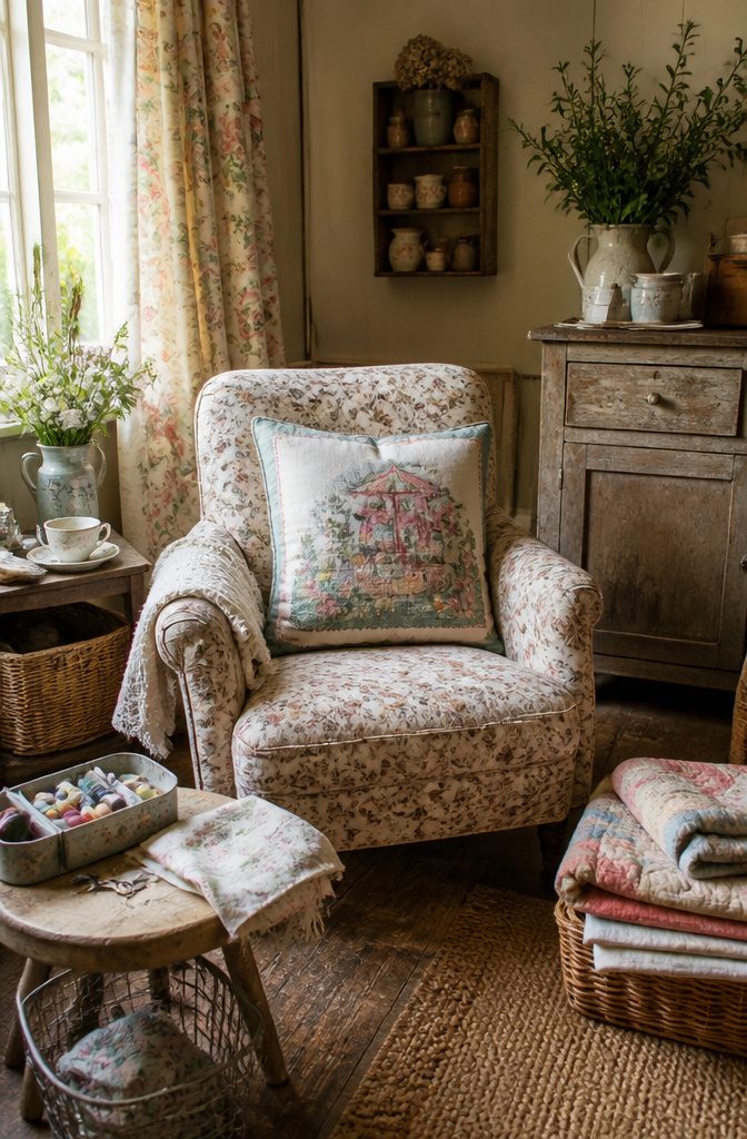 A cushion cover made from printed linen tea towels.
